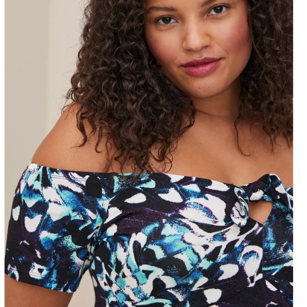TORRID Floral Babydoll Off-Shoulder Top Size 5X plus Super Soft Navy Blue 28 NEW - Picture 3 of 5